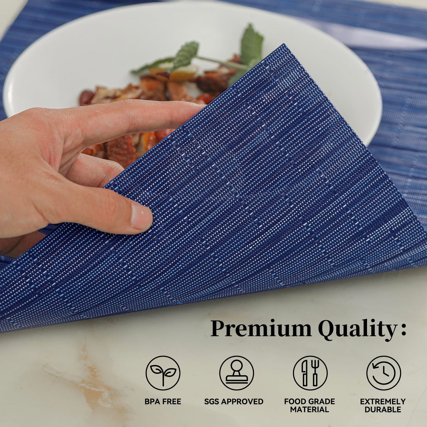 Leetaltree Blue Placemats Set of 8 - Heat Resistant Non-Slip Place mats for Dining Table, Washable Durable PVC Vinyl Woven Table Mats（Blue, 8）