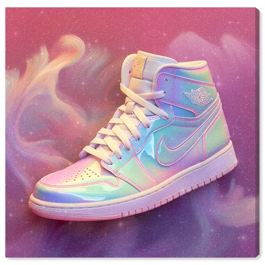 Wynwood Studio Fashion and Glam Contemporary Canvas Art - Holo Dreams Sneaker, Wall Art for Living Room, Bedroom, and Bathroom, 20 in x 20, Pink and Purple Home Decor