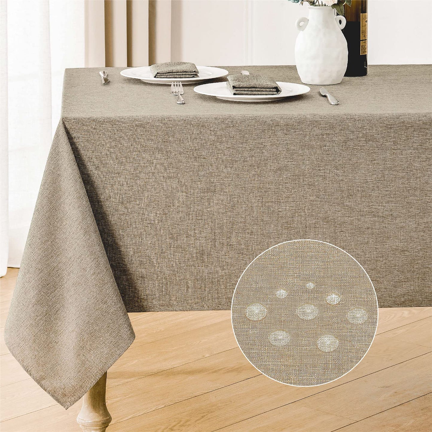 Veblandy 2 Pack Rectangle Tablecloth, 52x70 inch, Water Resistant Wrinkle Free Linen Textured Table Cloth Washable, Decorative Fabric Table Cover for Dining, Party and Camping, Mocha