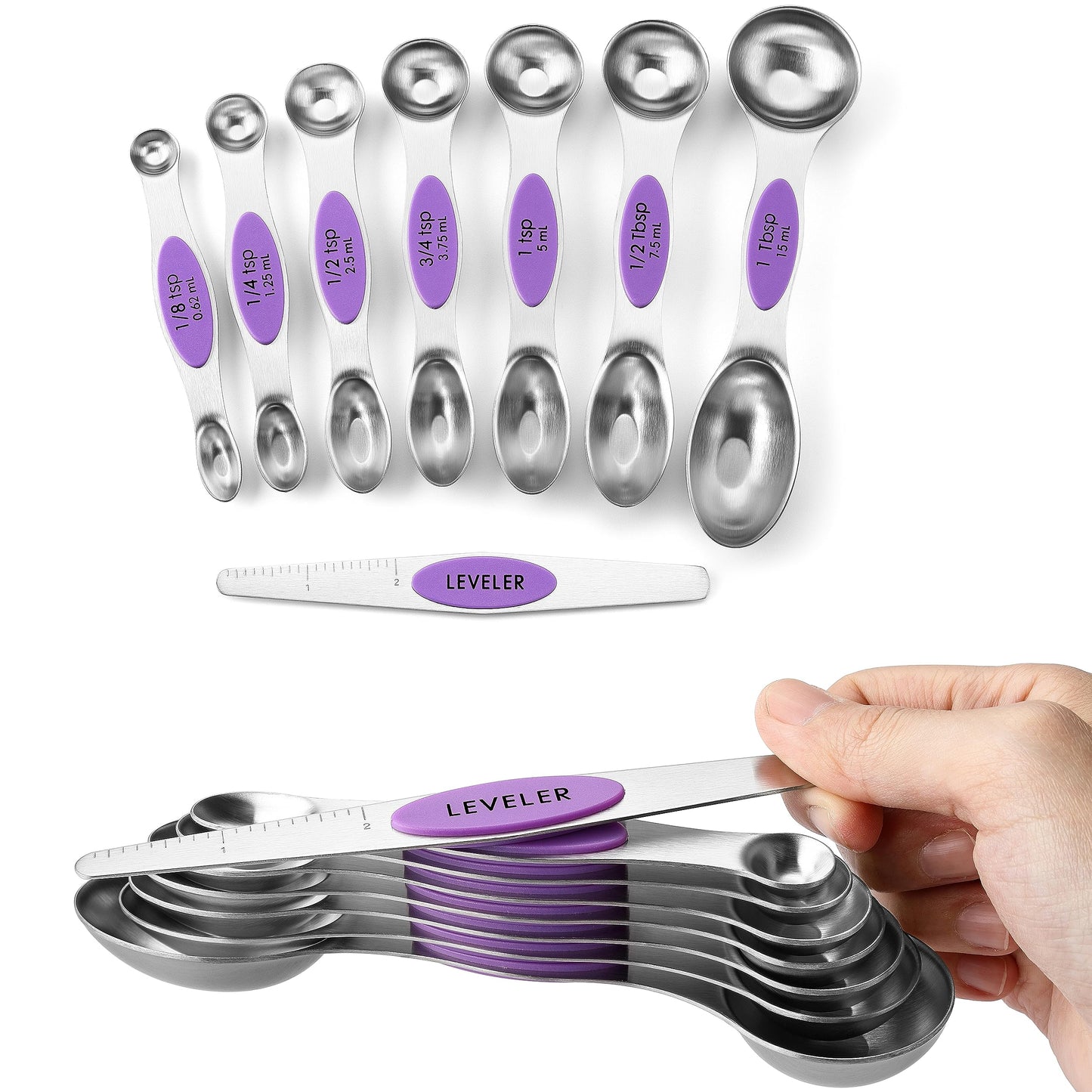 Spring Chef Magnetic Measuring Spoons Set, Dual Sided, Stainless Steel, Fits in Spice Jars, Orchid, Set of 8, 2 Pack