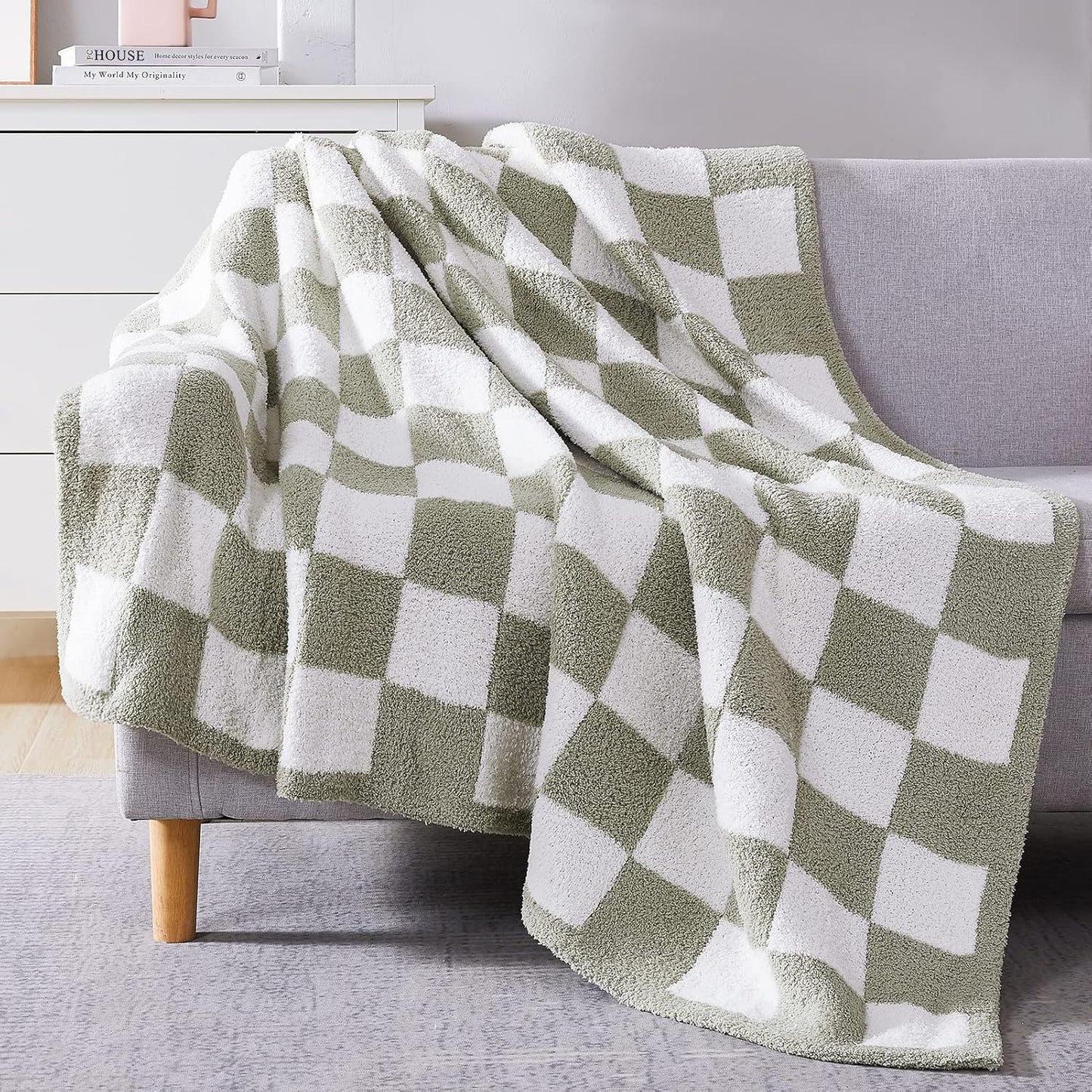 WRENSONGE Checkered Throw Blanket - Sage Green Cozy Soft Handmade Blanket for Couch & Travel