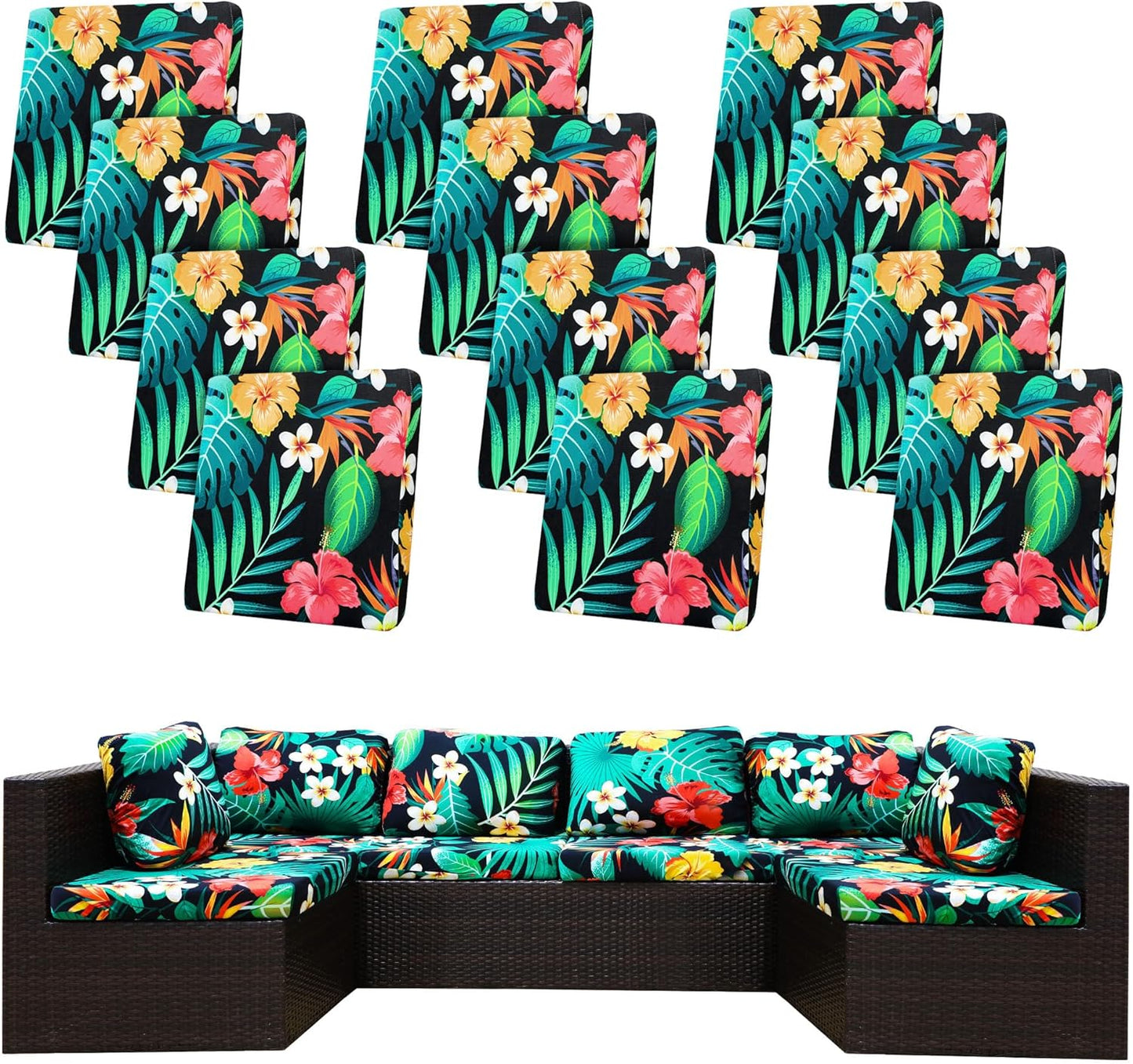 Skiennix 12 Pcs Stretch Patio Cushion Covers - Washable Floral Slipcovers for Outdoor Furniture