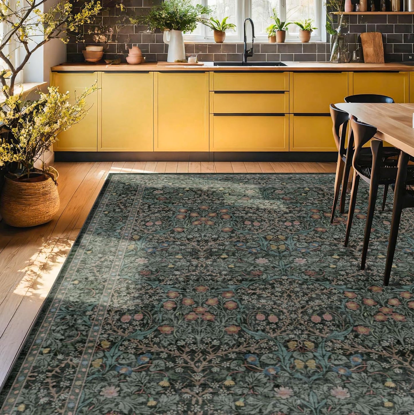 Skiennix Vintage Dark Green Area Rug - Washable 8x10 Stain Resistant Non-Slip Carpet for Living Room & Dining Room