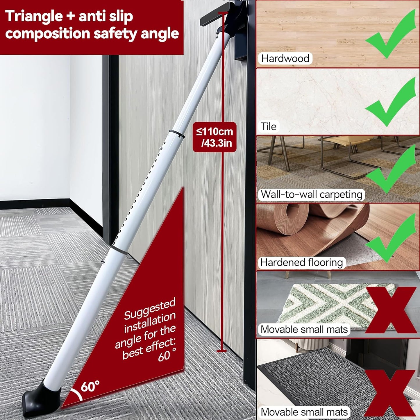AceMining Door Security Bar & Sliding Patio Lock - Heavy Duty Adjustable Jammer (1 Pack, White)