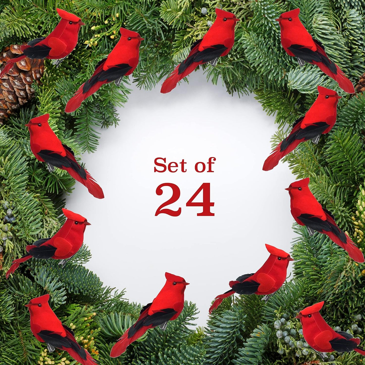 Red Cardinal Clip-On Christmas Tree Ornaments - Set of 12, 5" Long with Flocked Body & Feathered Wings