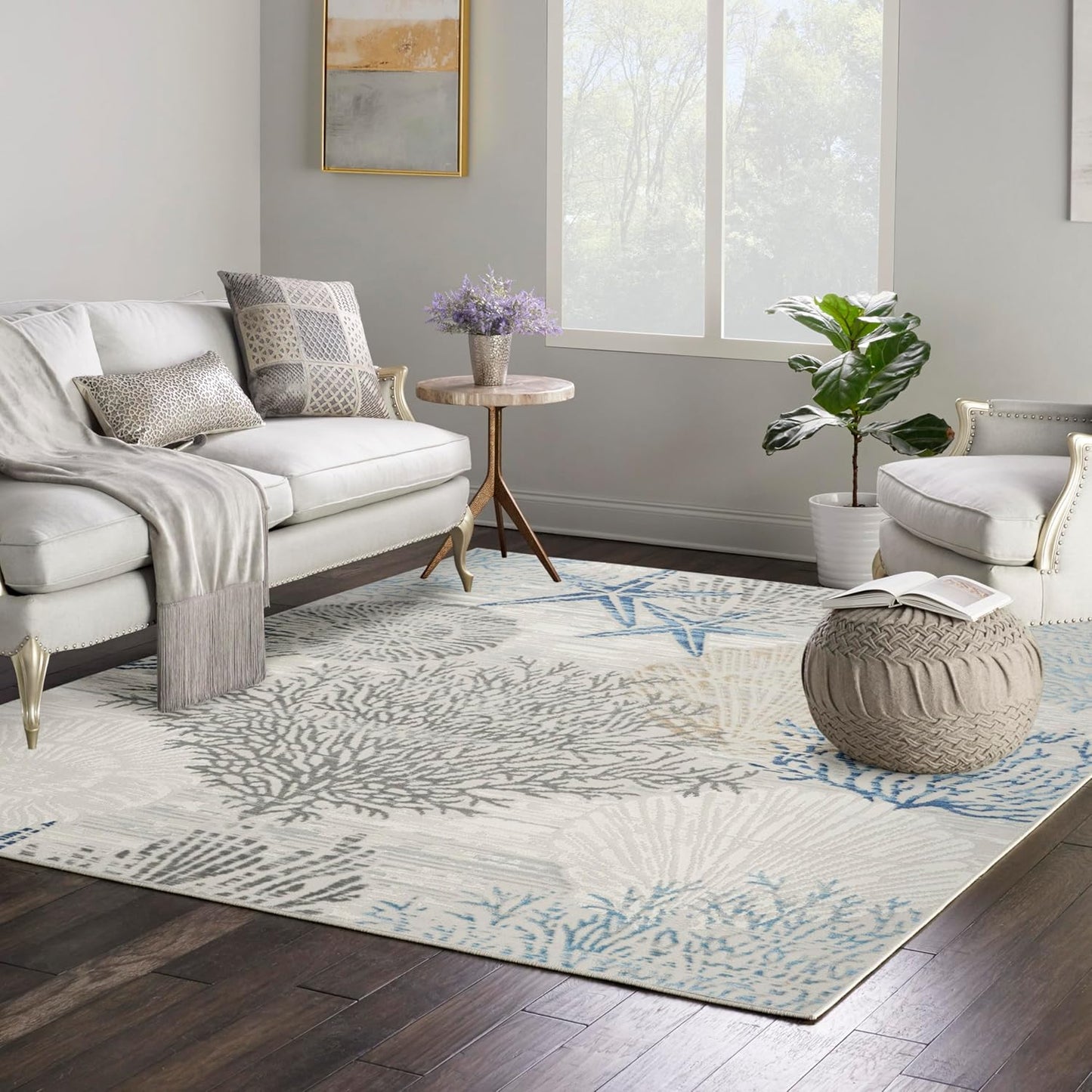 Nourison Home Pompeii Modern Ivory Grey Blue 5'3" x Square Area -Rug, Easy -Cleaning, Non Shedding, Bed Room, Living Room, Dining Room, Kitchen (5 Square)