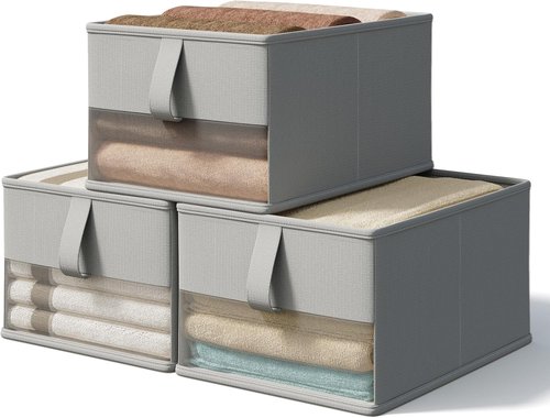 Foldable Storage Bins by [Brand Name] - Breathable Fabric Organizers with Clear Window | 3-Pack, Gray, 11.5 x 8.75 x 6.5 in