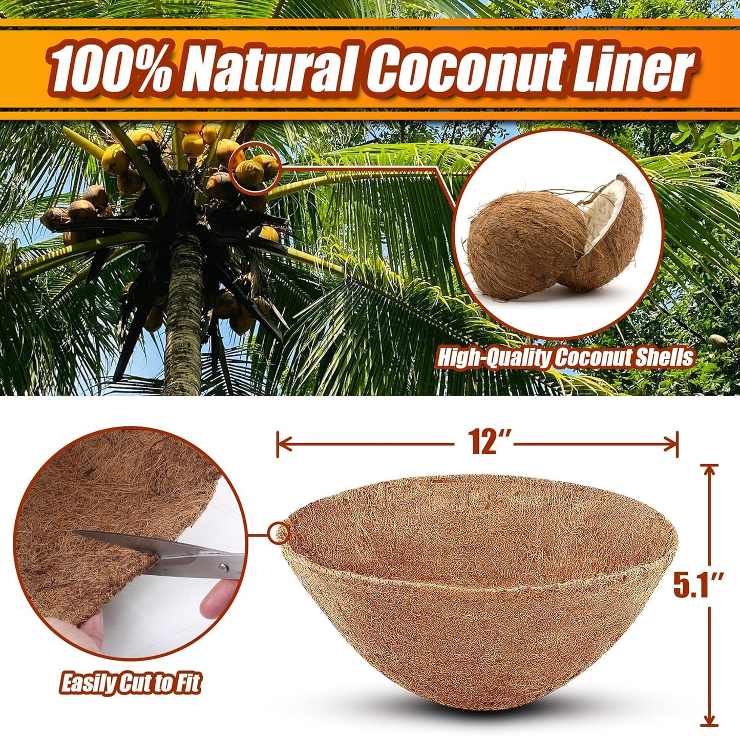 Sinimaka Coco Liners - 12 Inch Round Hanging Basket Liners | 6 Pack Coconut Fiber for Garden Flowers