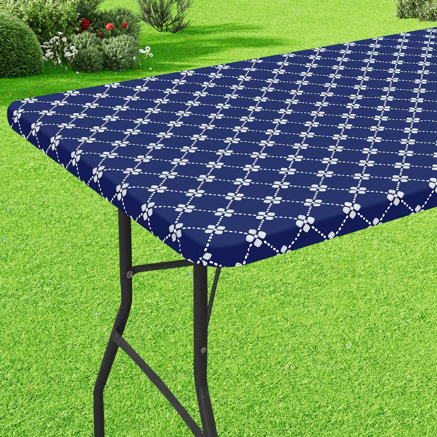 misaya Rectangle Vinyl Table Cloth, Elastic Fitted Tablecloth with Flannel Backing, Waterproof Plastic Table Cover Fits Folding Tables for Picnic, Camping, Indoor and Outdoor (Navy, 36" x 60")