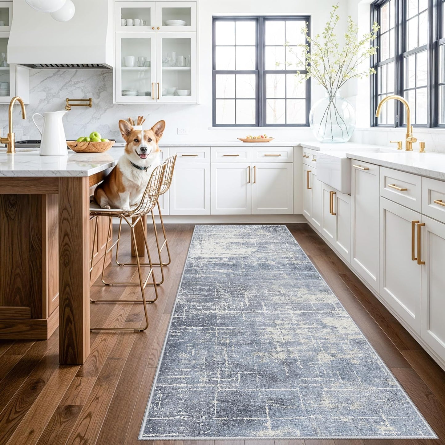 Skiennix Abstract 3x10 Kitchen Rug Runner - Washable Non-Slip Soft Indoor Carpet | Blue/Ivory for Living Room & Hallway