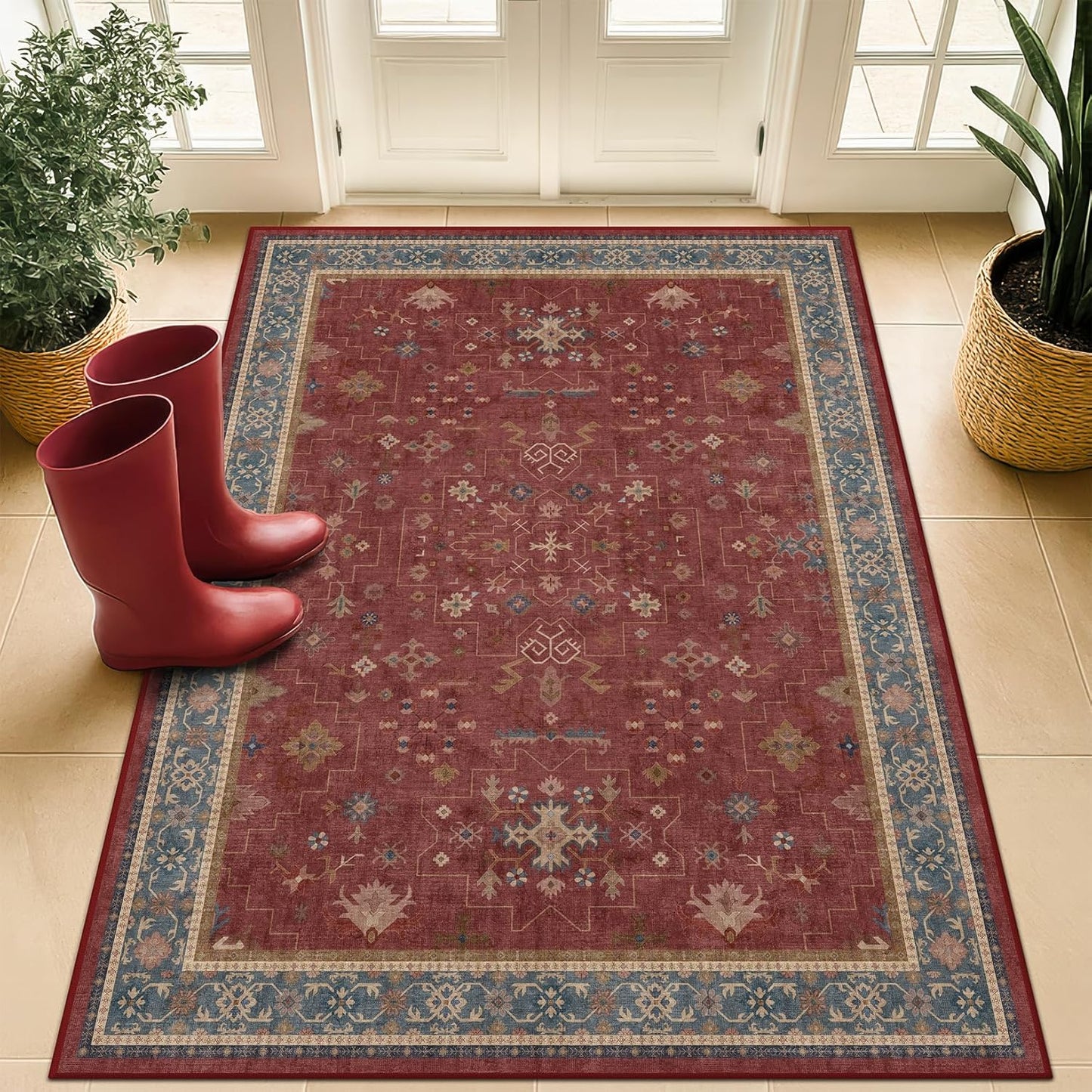 Regine Switzerland Washable 3x5 Entryway Rug - Burgundy Non-Slip Bohemian Carpet for Indoor Use