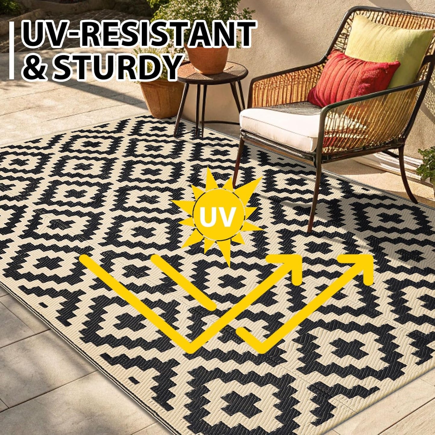 Smiry Waterproof Outdoor Rug - Reversible 5x8 ft Plastic Straw Mat for Patio & Camping - Black & Beige