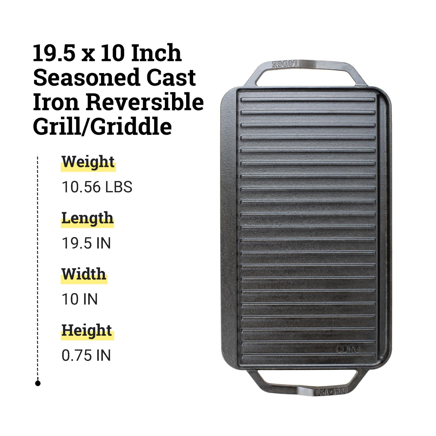 Lodge 19.5" X 10" Cast Iron Reversible Grillgriddle - Double Burner Griddle - Indoor & Outdoor Cooking - Superior Heat Retention - Reversible Grill Griddle - Made in the USA
