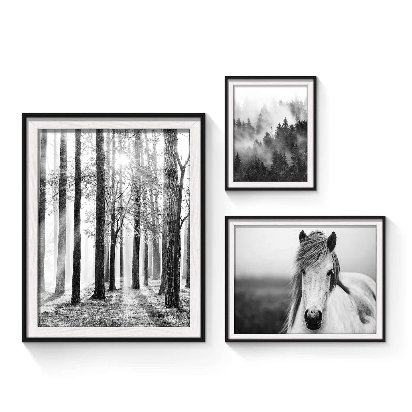Forest Sunrise Pictures Framed Prints - Peaceful Landscape Scene and Elegant White Horse Wall Art Sets for Living Room, Bedroom, Office, Bathroom 3 Panels