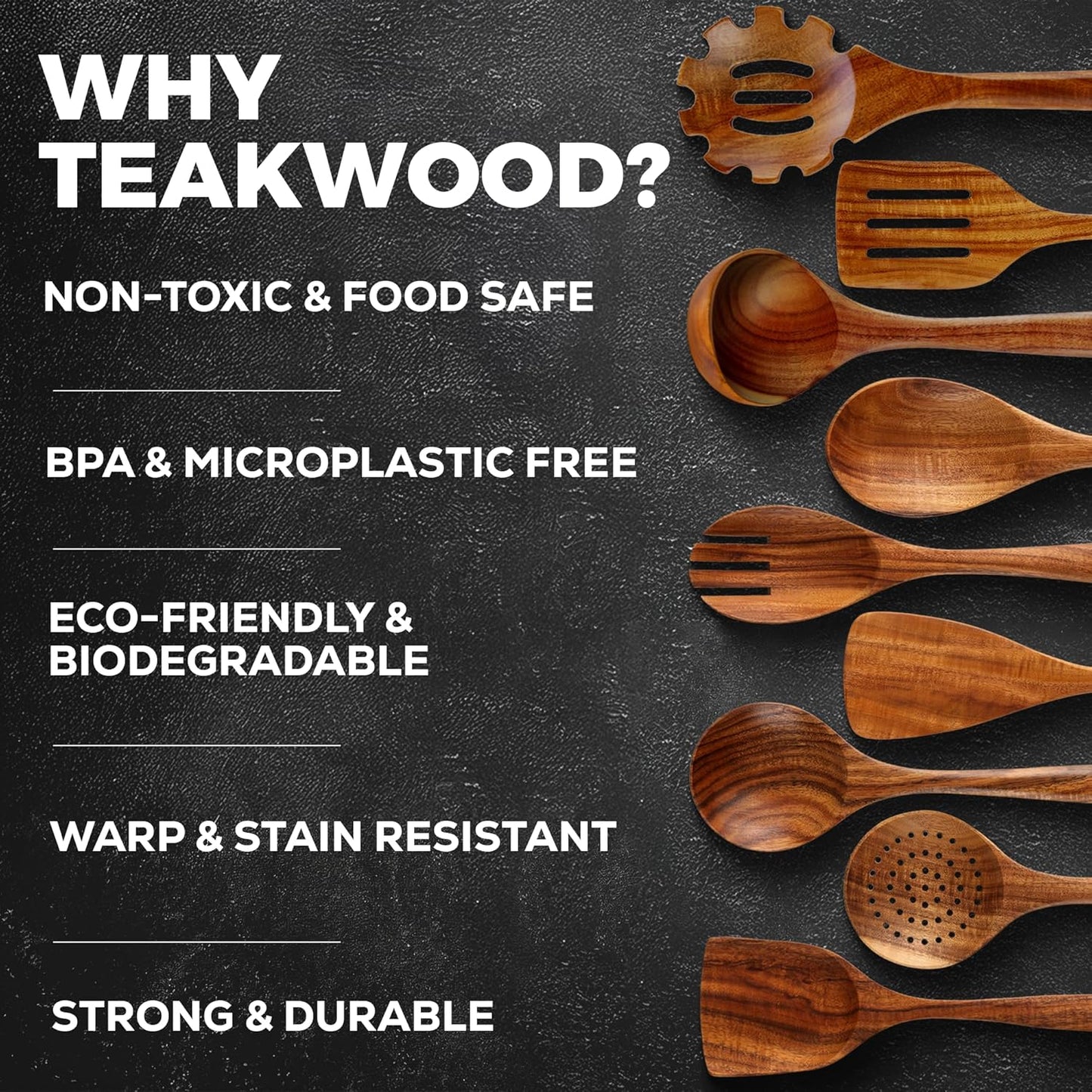 Zulay Kitchen 9-Piece Teak Wood Cooking Utensil Set - Non-Toxic, Non-Stick Wooden Spoons & Tools | Comfortable Grip & Smooth Finish
