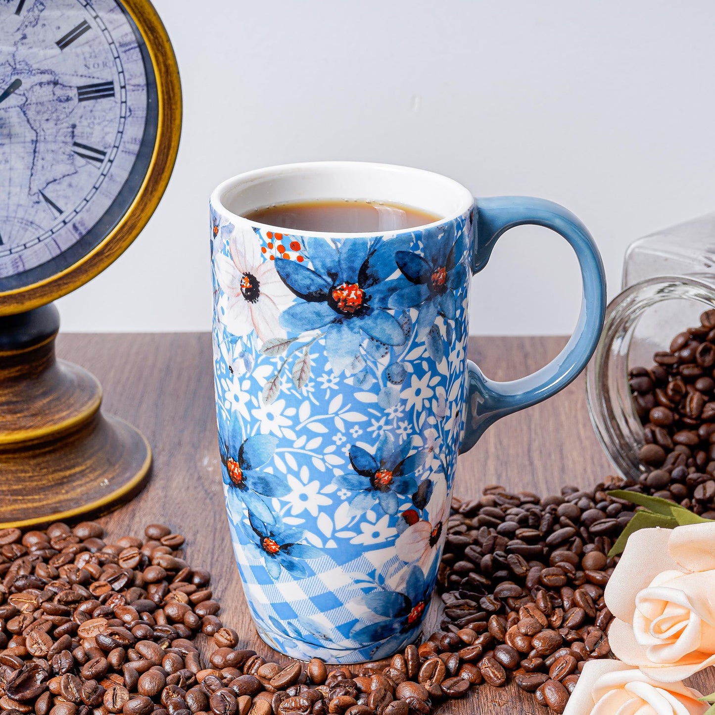 Topadorn Ceramic Coffee Mug Travel Cup Gift with Lid 17oz, Porcelain Tall Tea Cup with Handle for Home & Office, Blue Flower Art Pattern Mug in Gift Box, 6.5''H