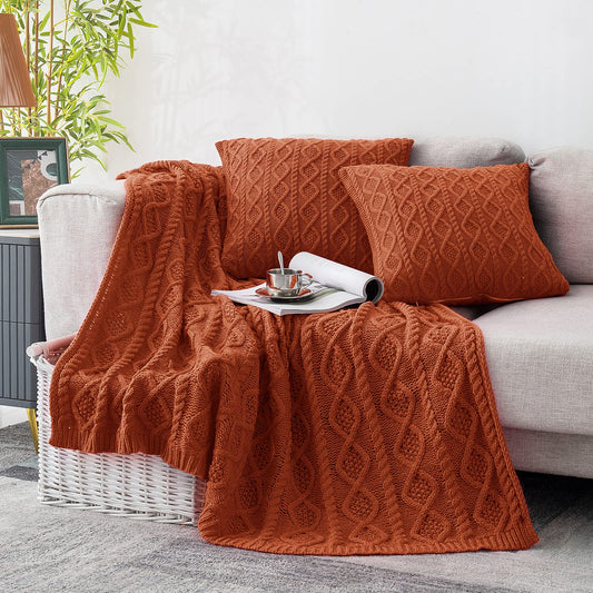 Homiest Cable Knit Throw Blanket and Pillow Set, Rust Throw Blanket Set of 3, Knitted Throw Blanket (50"x60") & 2 Pillow Covers (18"x18"), Soft & Cozy Decorative Throw Blanket for Couch Bed Sofa