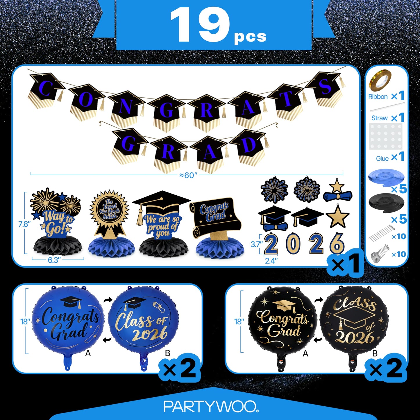 PartyWoo Graduation Decorations Class of 2026 Black Gold Blue 19pcs Grad Party Supplies with Congrats 2026 Grad Banner Hanging Swirls Foil Balloons Graduation Cap Centerpieces Party Decorations