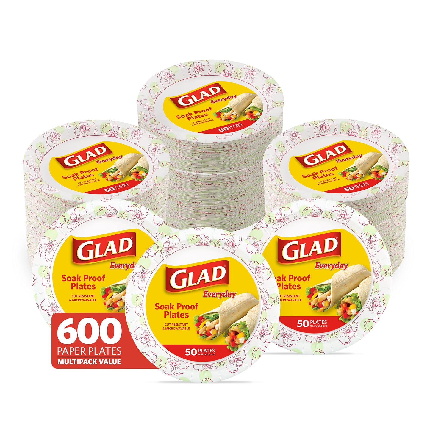 Glad Disposable Paper Plates, Pink Floral Pattern, 8.5 Inch Round, Soak Proof Coating, Microwave Safe, Cut Resistant, Sturdy for Dinner, Parties, and Everyday Meals, 50 Count - 12 Pack