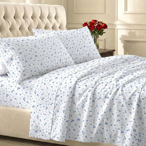 California Design Den Full Size Cotton Sheet Set - 100% Soft Sateen, 400 TC, Deep Pockets, Floral White/Blue