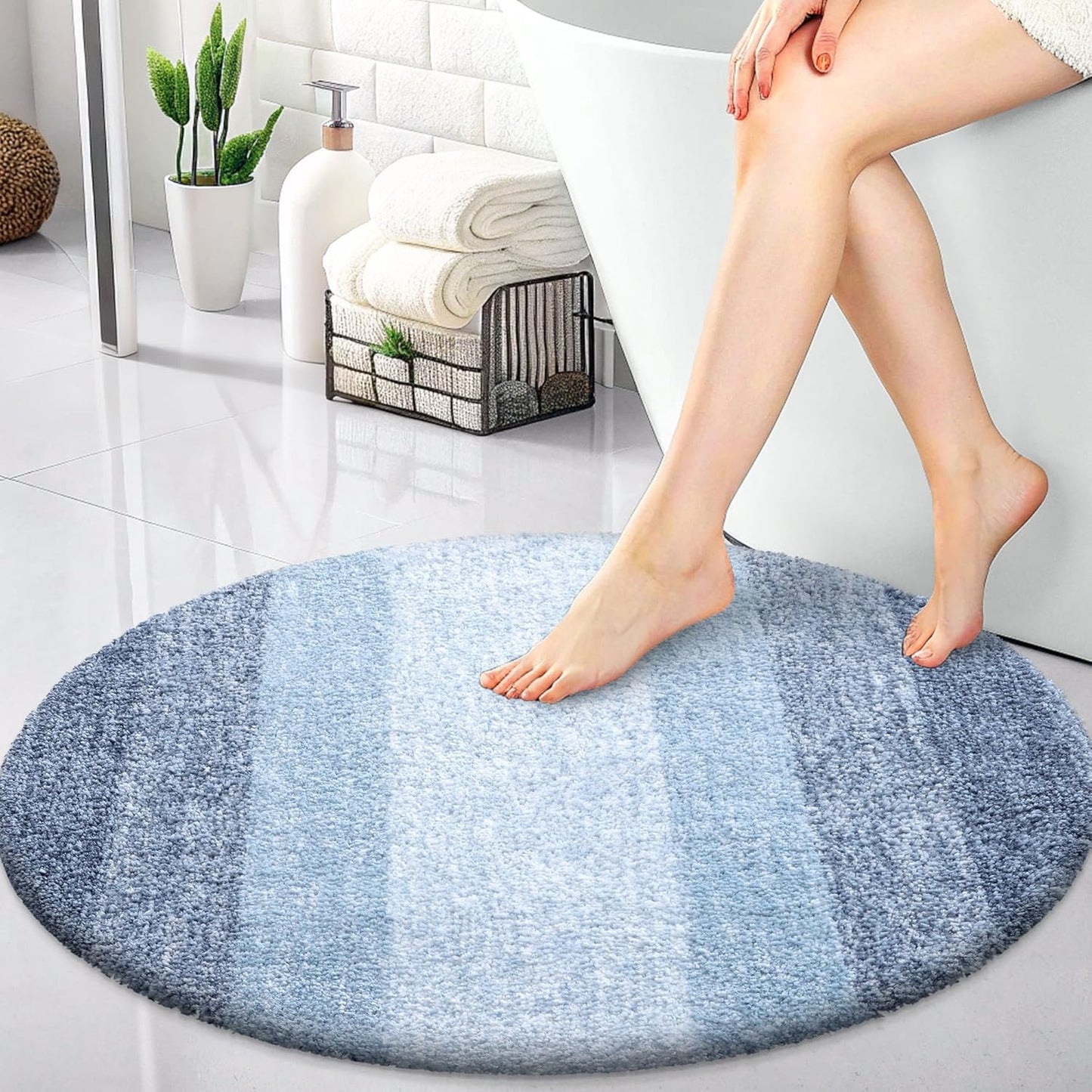 OLANLY 30-Inch Round Bathroom Rug - Extra Soft, Absorbent Microfiber | Quick Dry, Machine Washable, Blue