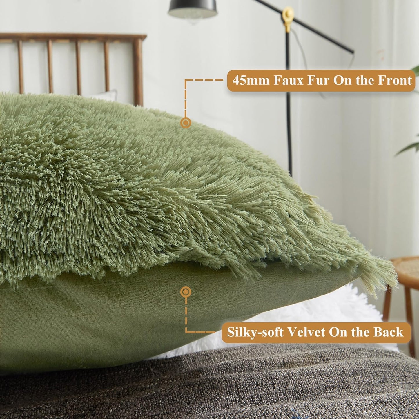 XeGe Fluffy Faux Fur Lumbar Pillow Cover - Cozy Moss Green Shaggy Design with Zipper | 14x36 Inches