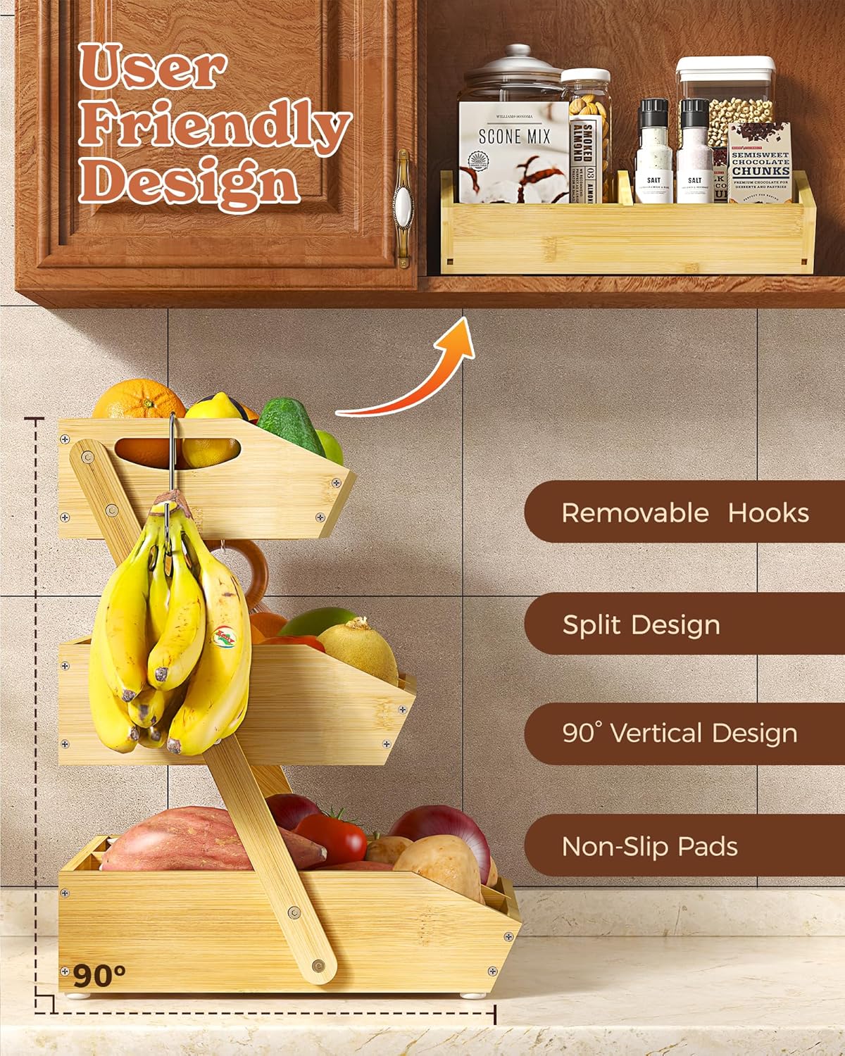 Sevenblue 3-Tier Bamboo Fruit Basket - Large Kitchen Counter Organizer with Banana Holders & Mats