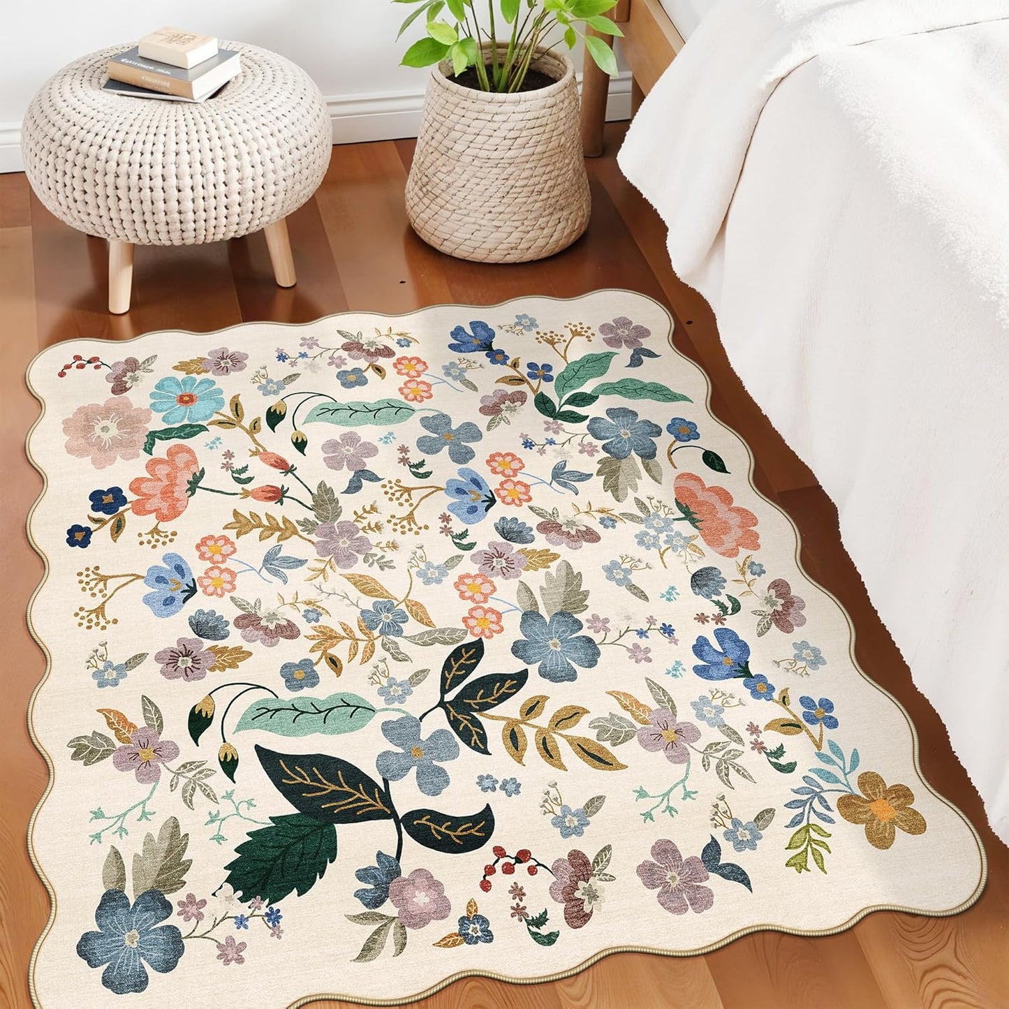 Skiennix Floral Square Area Rug - Washable 5x5 Soft Carpet with Non-Slip Backing | Cream for Living Room & Bedroom