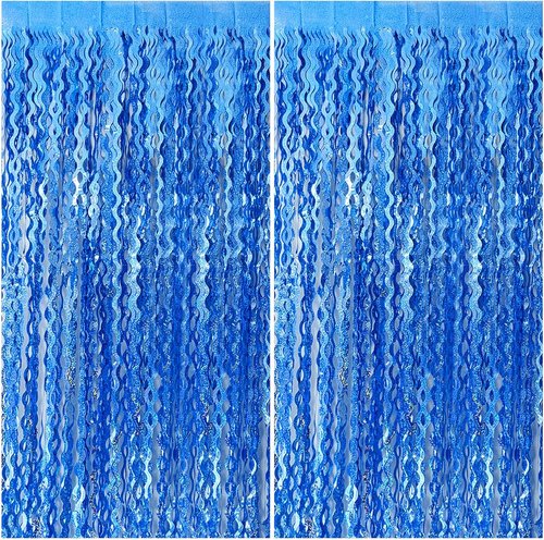 Blue Backdrop - Wavy Tinsel Foil Fringe Curtains by [Brand Name] | Sparkling Metallic Birthday Party Decor