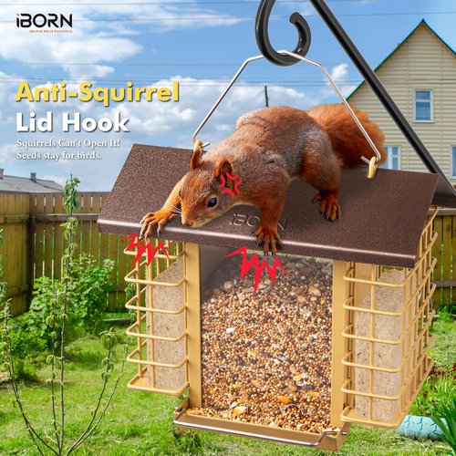 iBorn Bird Feeders - Weatherproof Suet Feeder with Double Holders | Easy to Refill & Clean, 3.2 LB Capacity, Coffee Roof & Yellow Grid