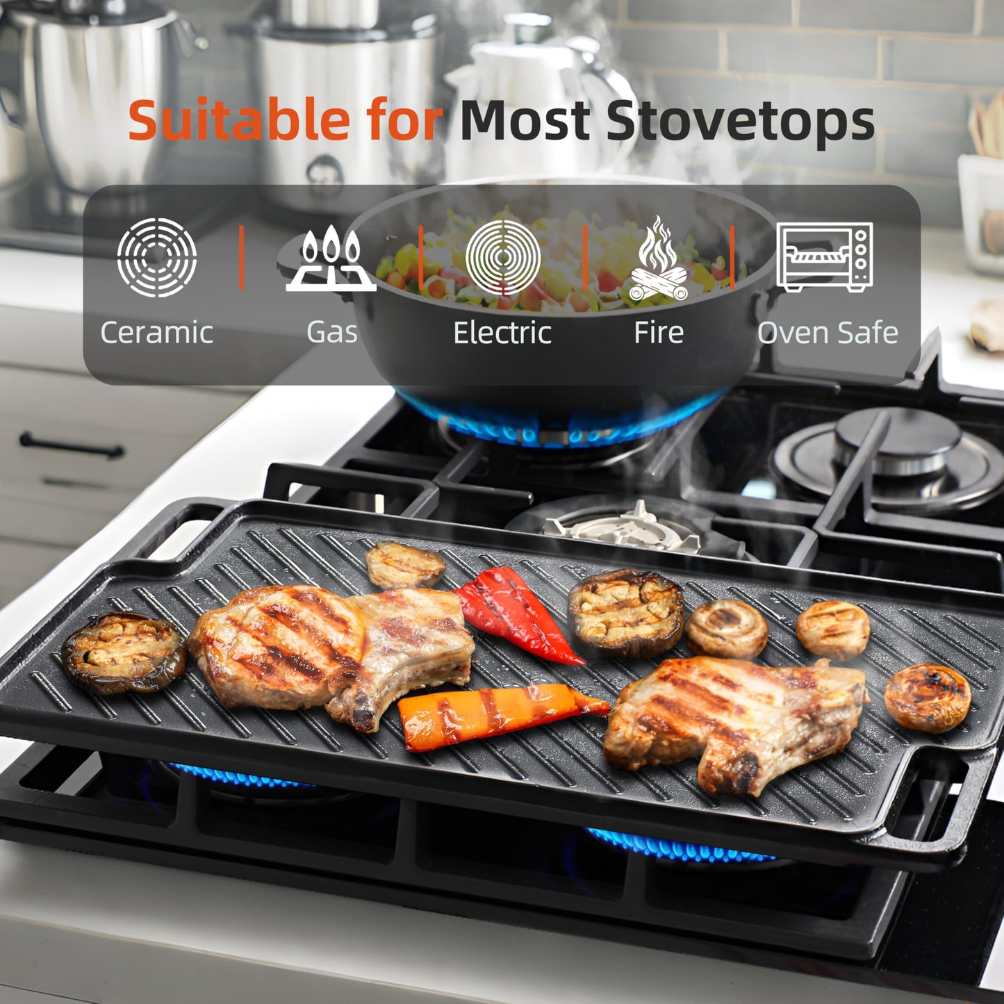 1-Piece 16.50 Inch Cast Iron Griddle Plate | Reversible Pre-Seasoned Cast Iron Grill Pan for Gas Stovetop | Double Sided Used on Open Fire & in Oven | Pre-Coated With Oil