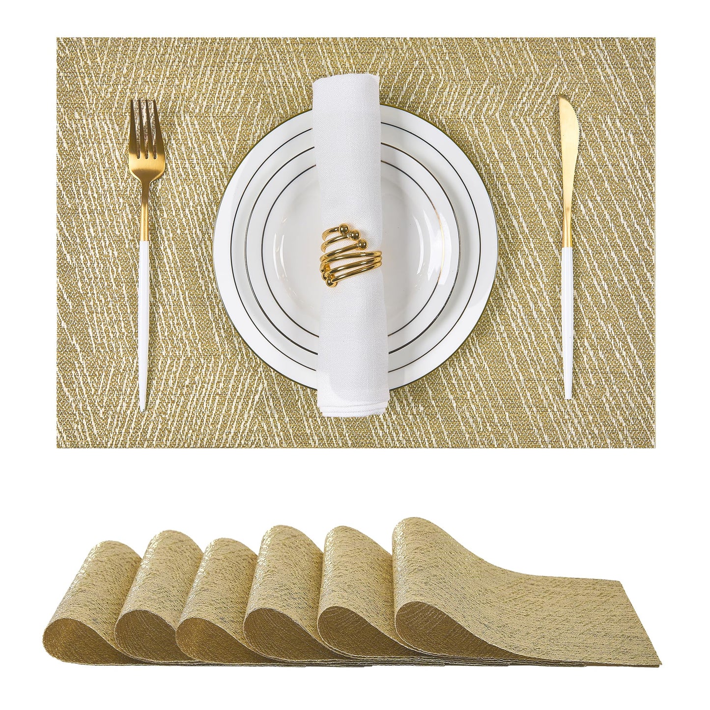 Leetaltree Gold Placemats Set of 6 - Heat Resistant Non-Slip Place mats for Dining Table, Washable Durable PVC Vinyl Woven Table Mats(Luxury Gold, 6)