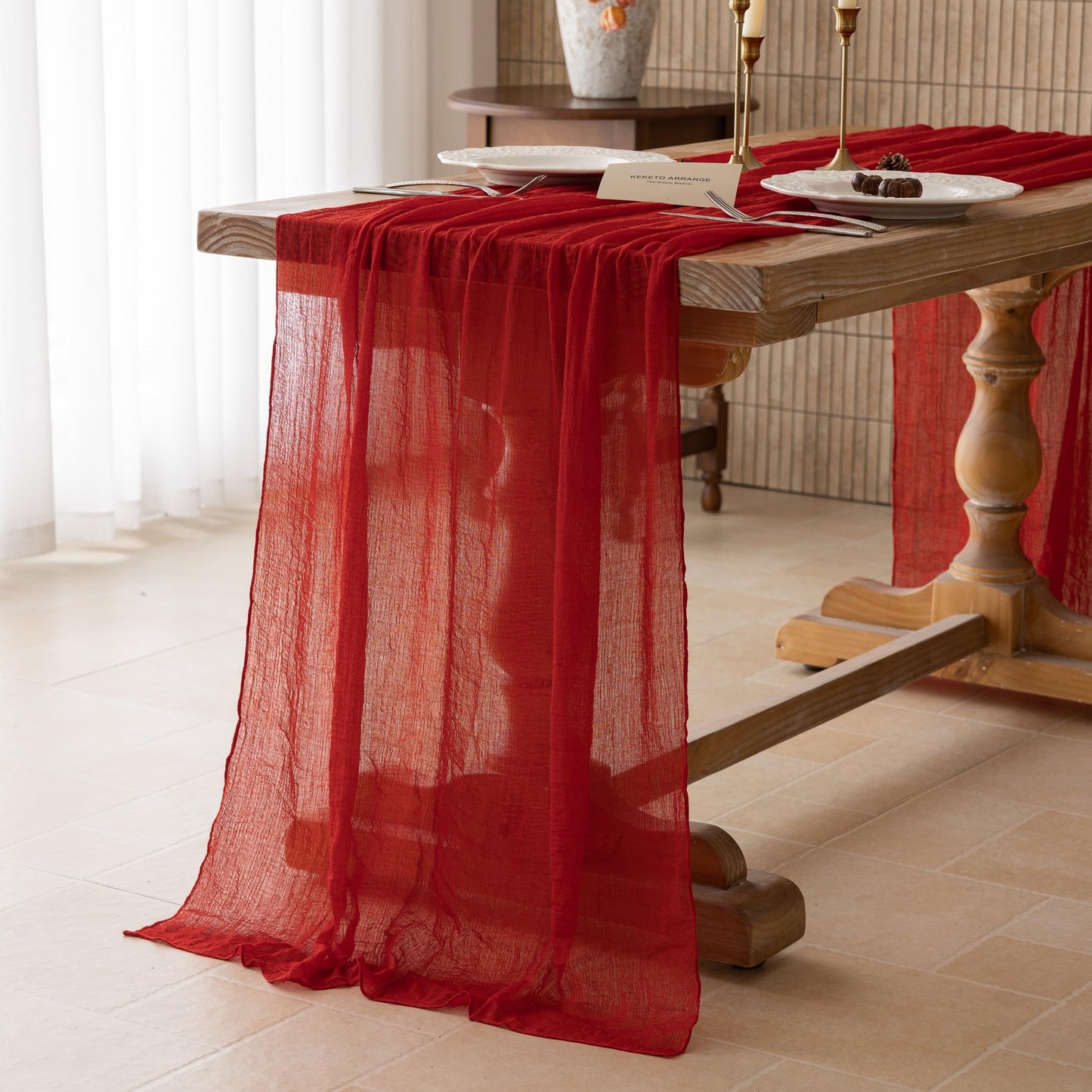 Keketoarrange Red Mothers Day Cheesecloth Table Runner Cheese Cloth Rustic Gauze Table Runner 120 Inch 10 FT for Wedding Baby Bridal Shower Sheer Boho Holiday Spring Home Decorations