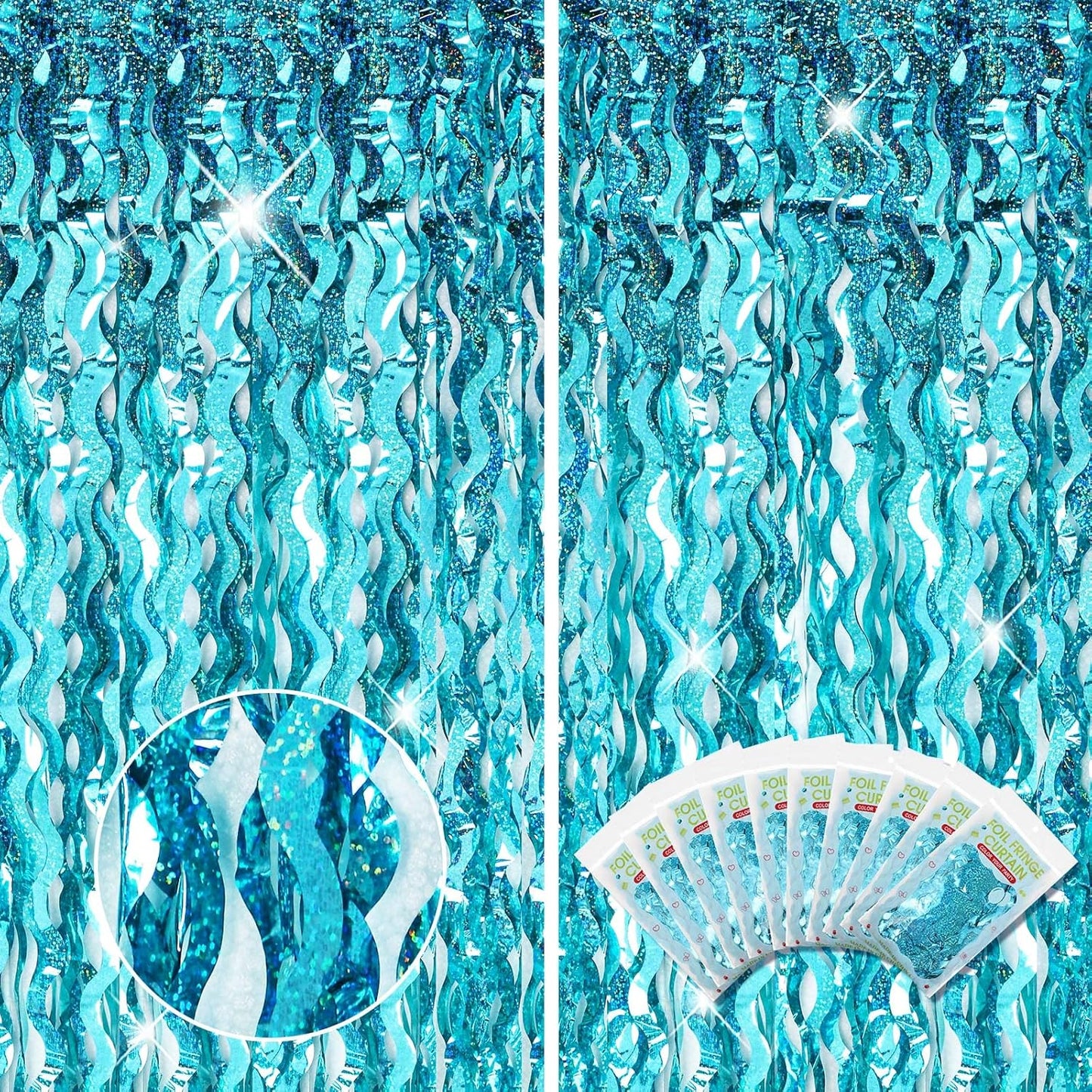 Skiennix Foil Fringe Backdrop - 10 Pieces 3.3 x 6.6 Ft Tinsel Curtain for New Year & Carnival Parties | Blue Green