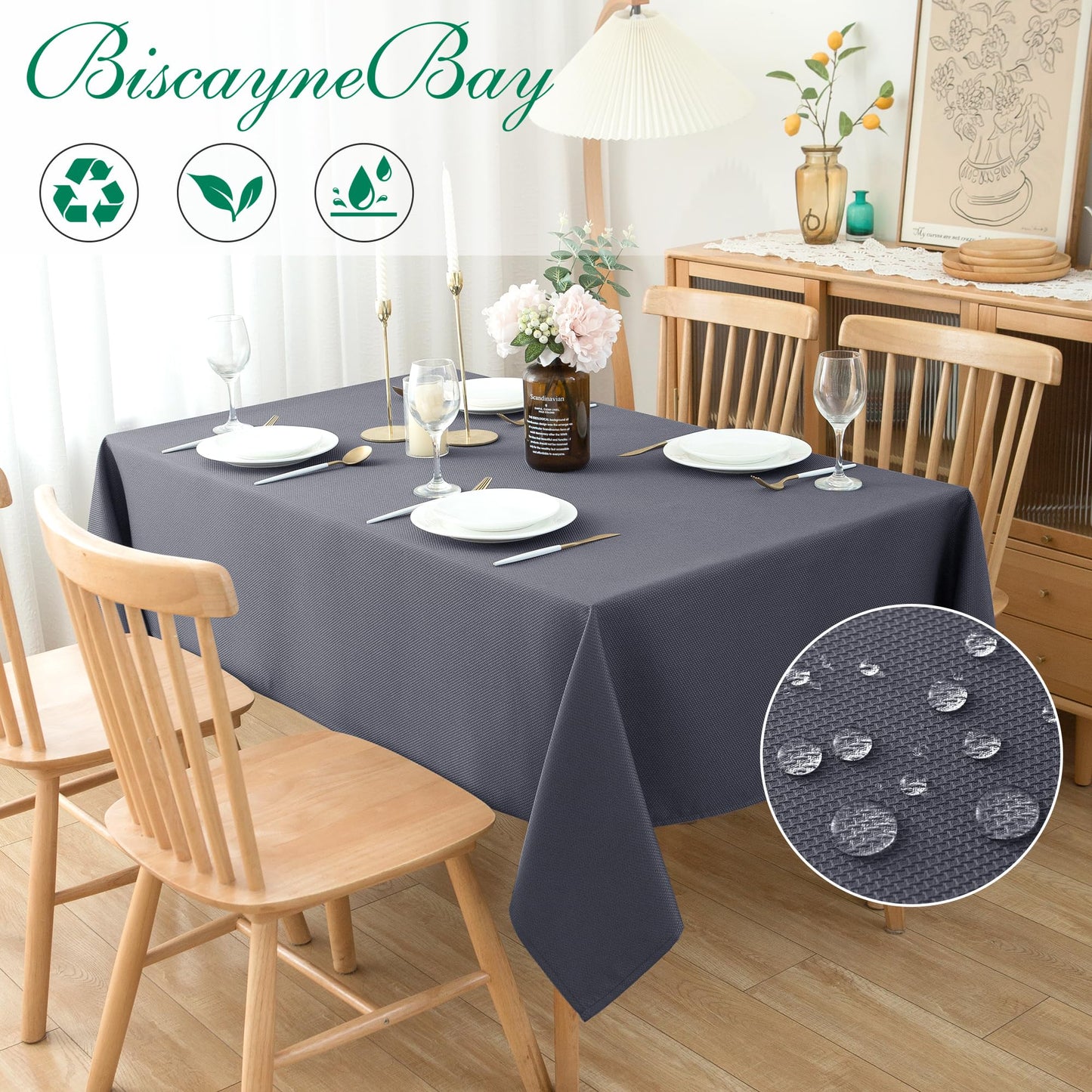 Biscaynebay Textured Fabric Tablecloths 60x84 Inches Rectangular, Dark Grey Water Resistant Tablecloths for Dining, Kitchen, Wedding and Parties etc. Machine Washable