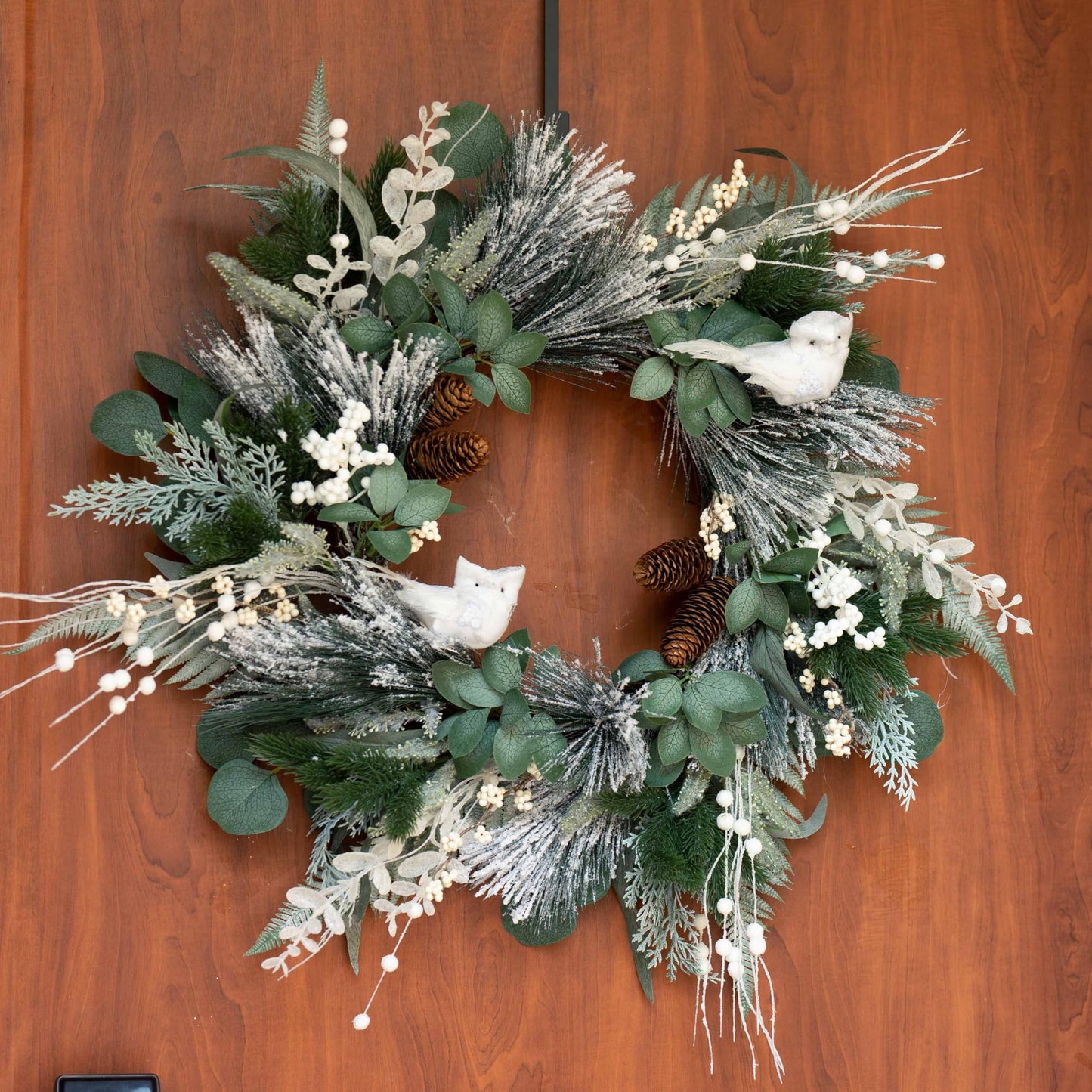 Pinkpuii Winter Wreaths for Front Door 24 Inch Snowy Flocked Christmas Wreath Artificial Green Olive Eucalyptus Wreath with Cute White Owl,Pine Cones,Cedar,White Berries for Indoor Outdor Decor