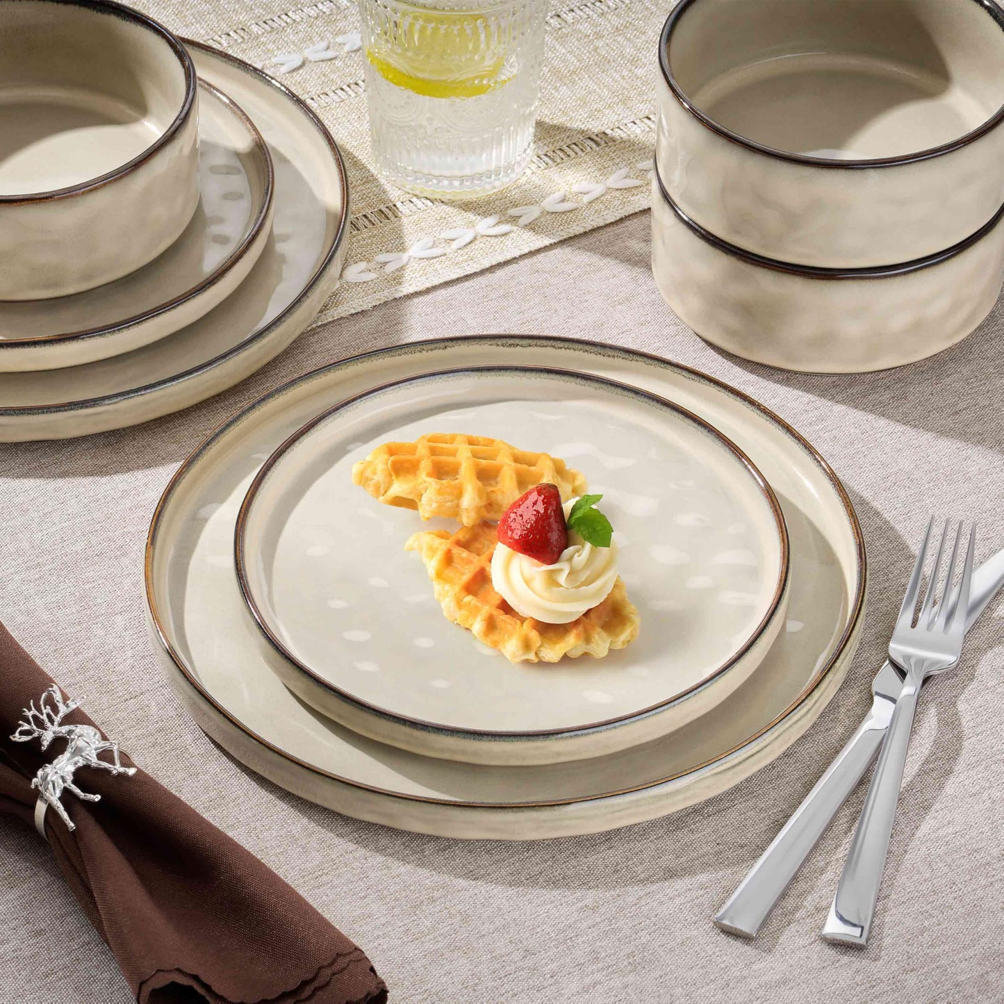 Herogo 12 Pieces Dinnerware Sets, Plates and Bowls Sets Service for 4, Modern Stoneware Dining Dishes, Dishwasher & Microwave Safe, Starry Blue