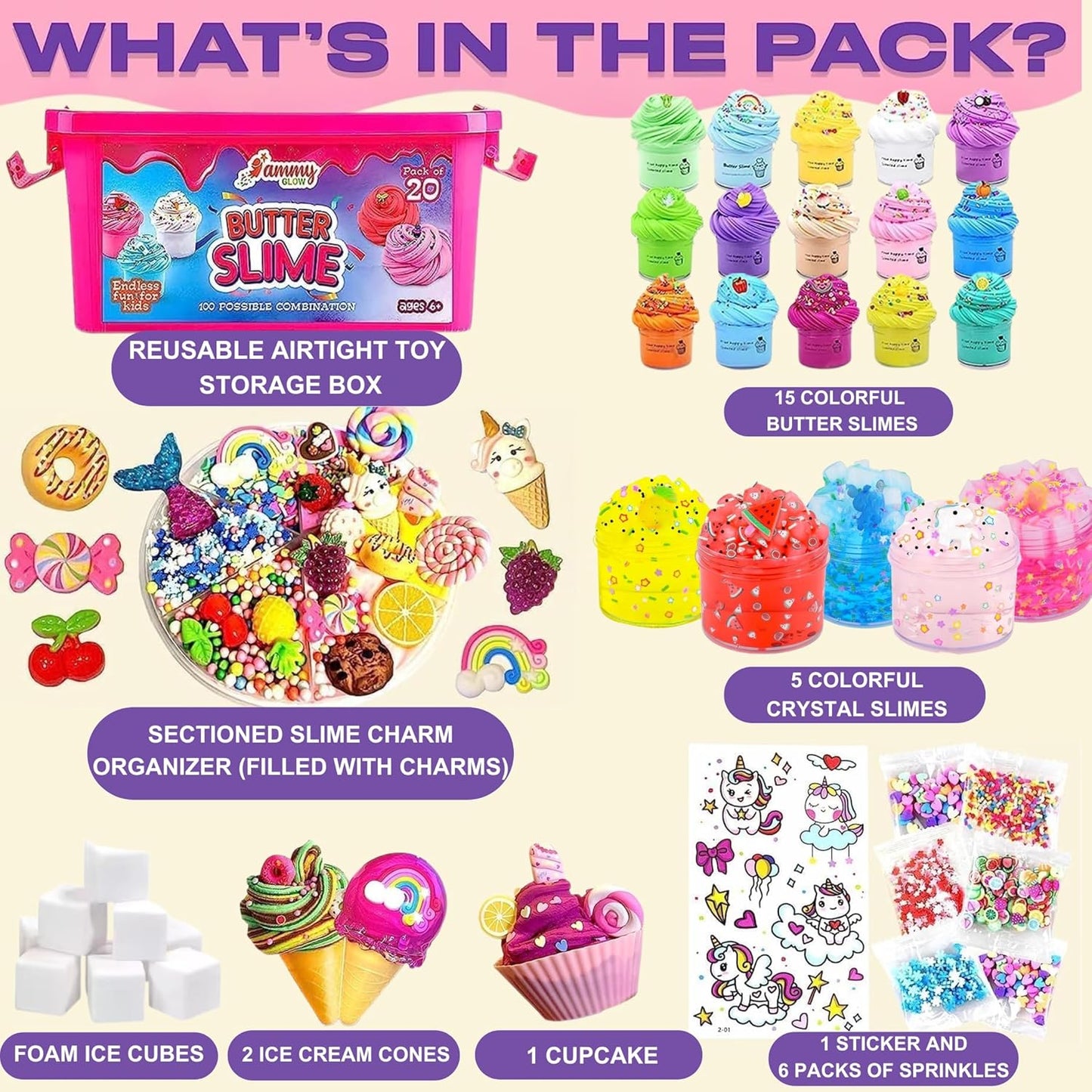 Skiennix Jumbo Butter Slime Kit - 49 Pcs of Colorful Slimes & Accessories for Ages 8-12 | Non-Toxic, Sensory Fun