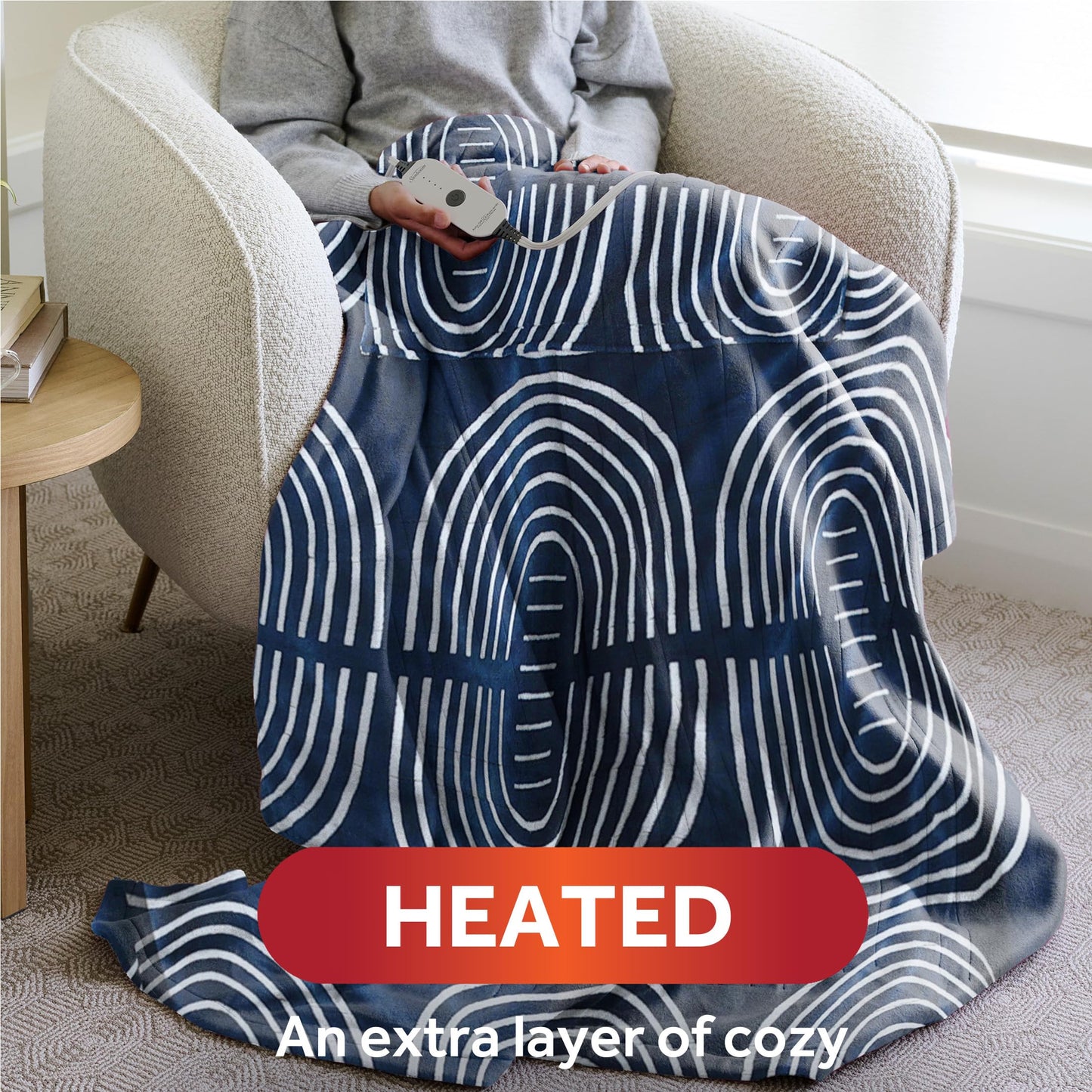 Sunbeam Ultimate Cozy Royal Posh Velvet Hand & Foot Pocket Heated Throw Electric Blanket, 50" x 72", 4 Heat Settings, 4-Hour Auto Shut-Off, Warming Throw for Couch, Machine Washable, Blue Rounds