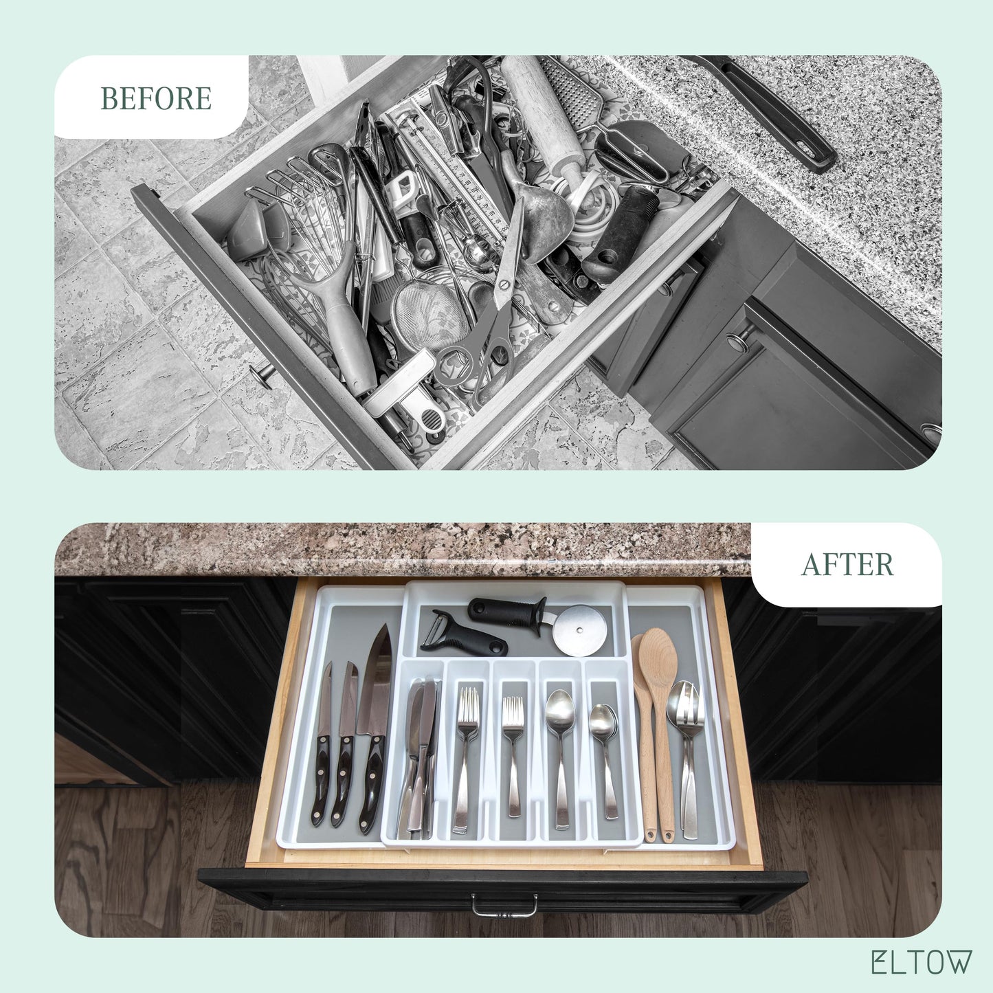 ELTOW Large Expandable Silverware Drawer Organizer, 8 Compartment Non-Slip & Adjustable Silverware Organizer for Drawer, Kitchen Organization for Utensils, Cutlery, Silverware Tray (White)