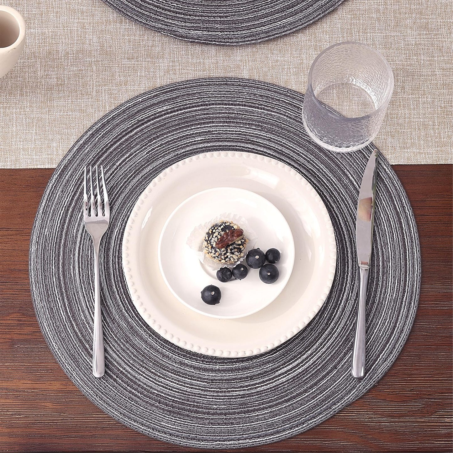 SHACOS Round Braided Placemats Set of 6 Round Table Mats 15 inch Cotton Washable for Holiday Party (Black Grey, 6)