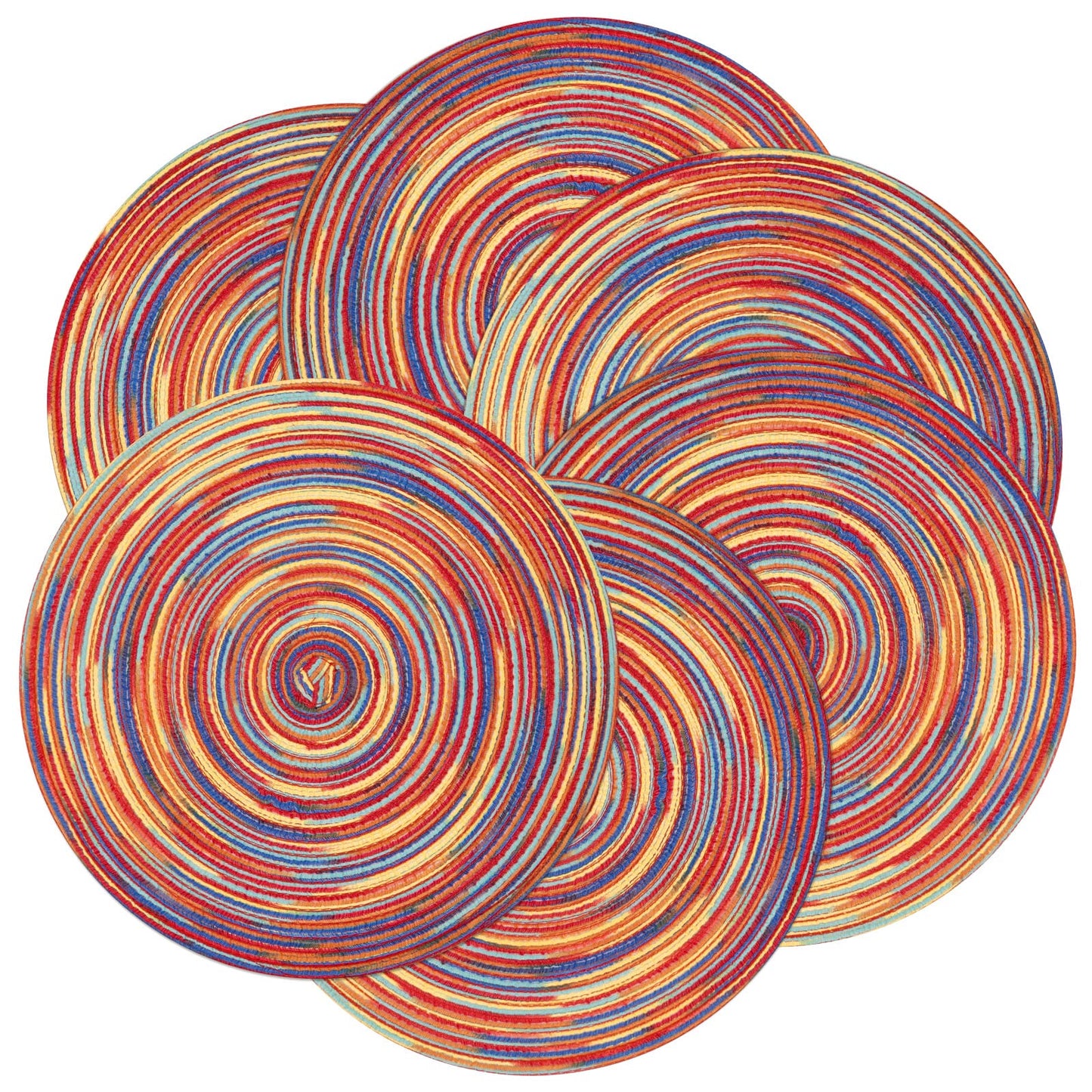SHACOS Round Braided Placemats Set of 8 Washable 15 inch Round Table Mats Colorful Variegated Woven Place Mats for Dining Table (Rainbow Red, 8)