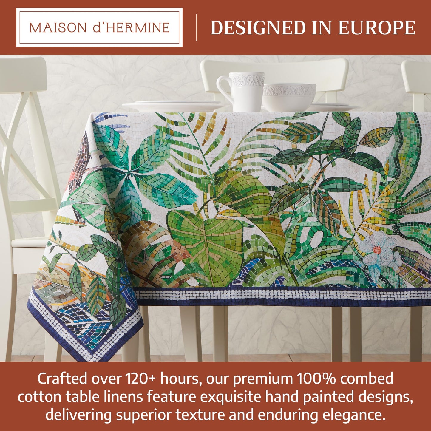 Maison d' Hermine Premium Table Cloth Rectangle Table 100% Combed Cotton 120 x 70 Inches Tablecloth Reusable Decorative for Dining Room, Farmhouse, Home, Party, Festive & Wedding - Mosaic
