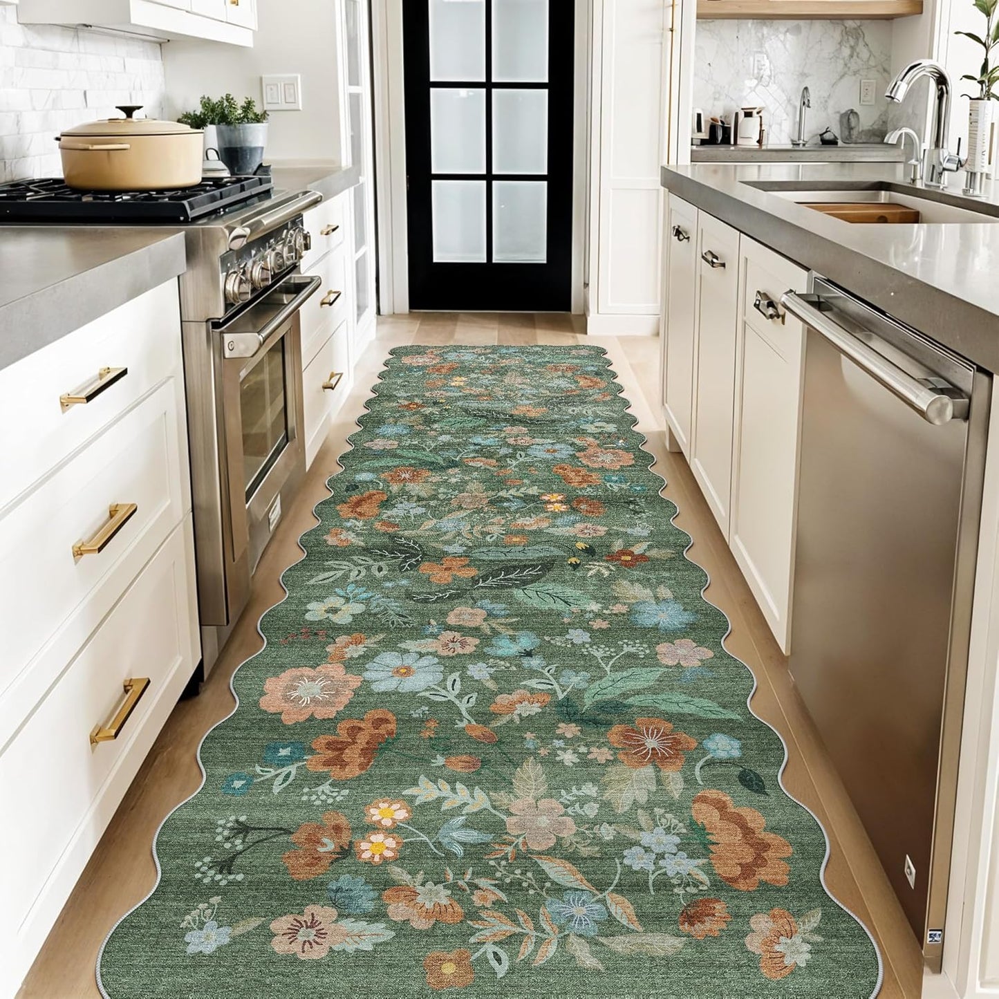 Skiennix Washable 3x10 Hallway Runner Rug - Floral Scalloped Soft Non-Slip Mat for Entryway, Kitchen & Nursery