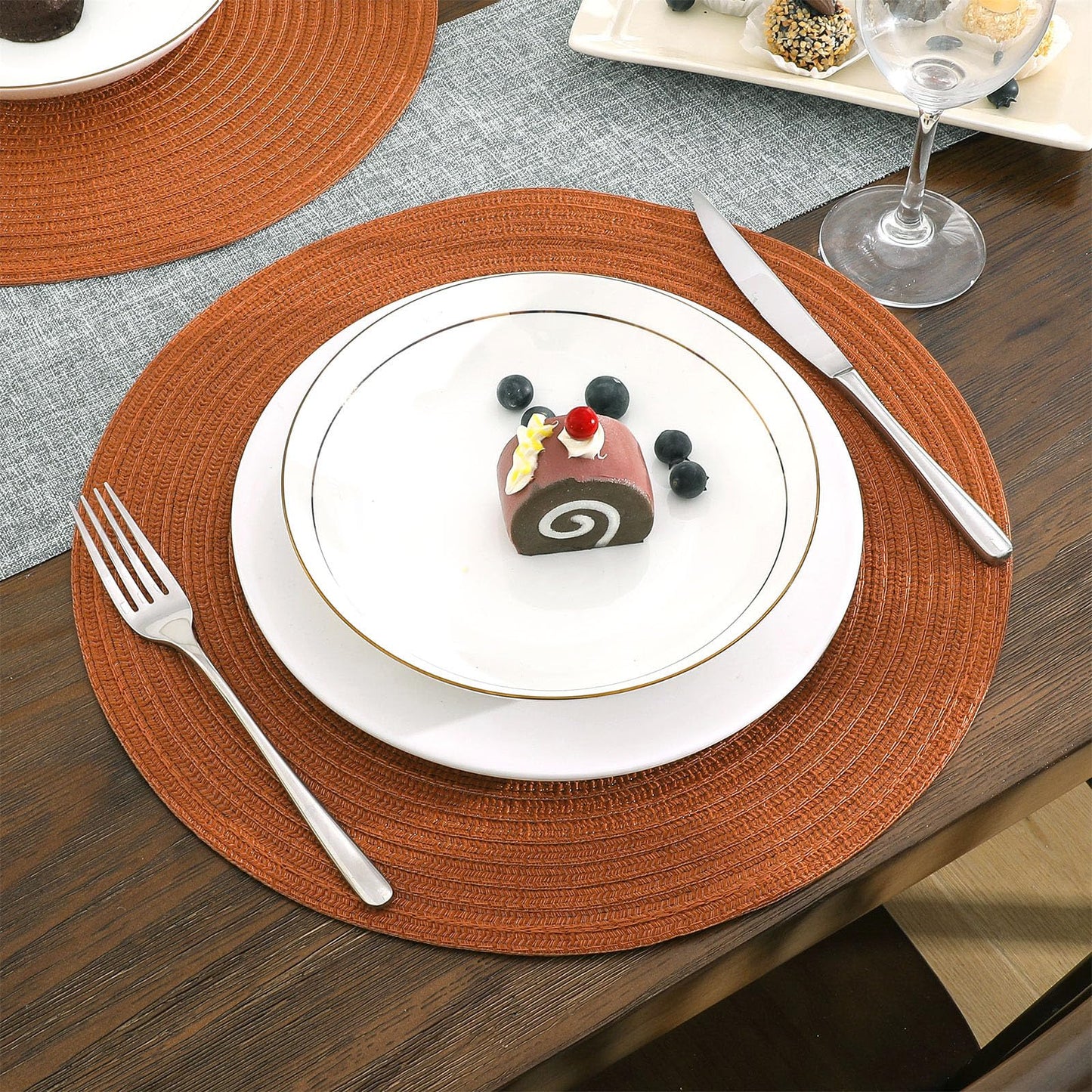SHACOS Round Placemats Set of 6 Washable 15 inch Round Placemat Cotton Polyester Woven Braided Table Place Mats for Dining Table Decor, Dark Orange