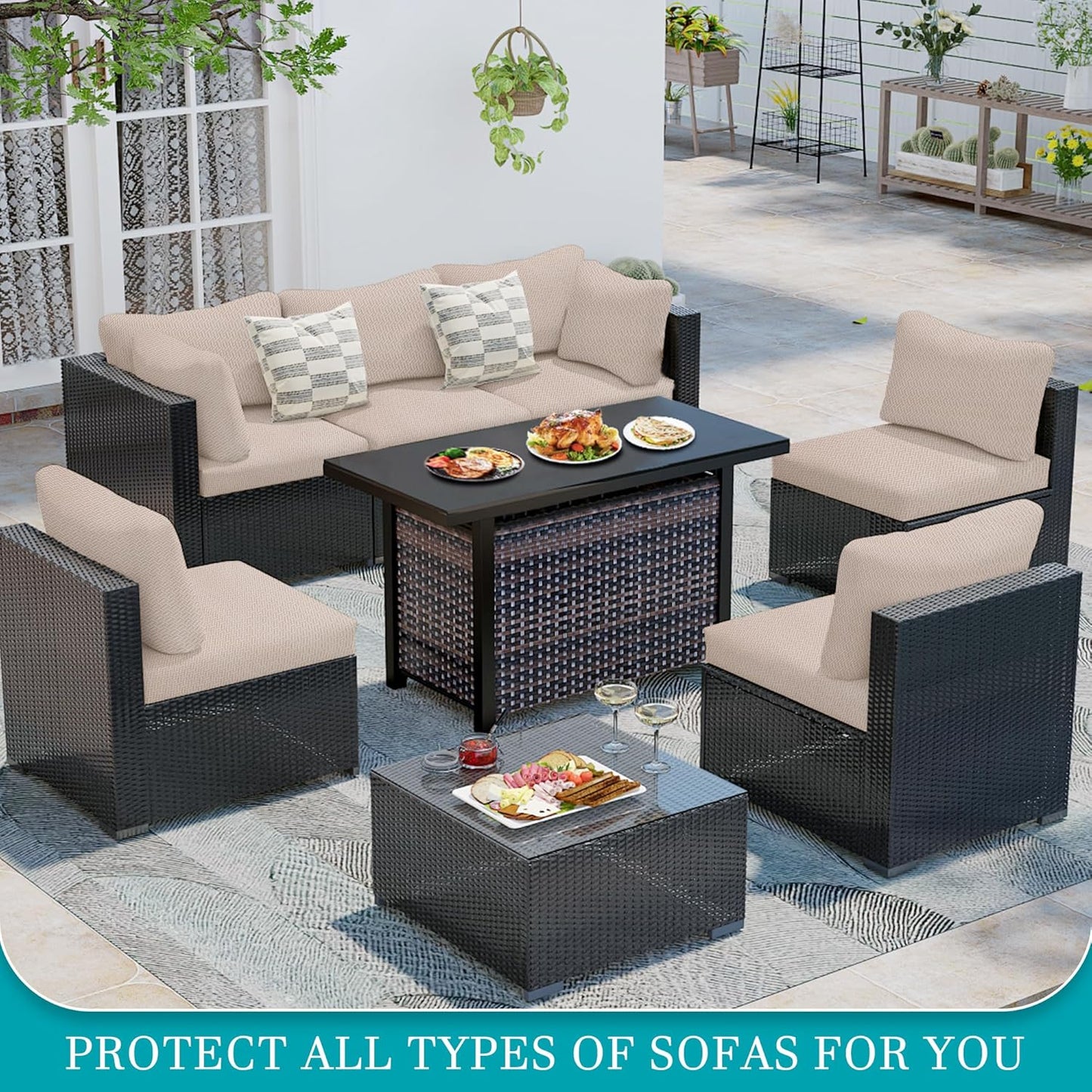 Skiennix 14-Piece Stretch Patio Cushion Covers - Washable & Reusable Outdoor Sofa Slipcovers | Beige