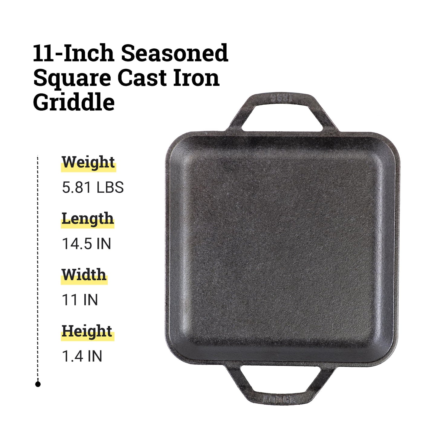 Lodge 11" Cast Iron Square Griddle - Chef Collection - For Indoor & Outdoor Cooking - Superior Heat Retention - Durable Cast Iron - Seasoned Kitchen Griddle