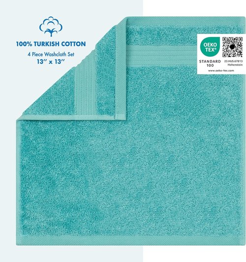 Cotton Paradise 100% Cotton Turkish Washcloth Set - Soft, Absorbent 4-Piece Towels in Turquoise