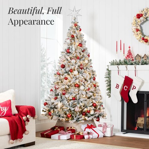 Best Choice Products Pre-Lit Artificial Christmas Tree - 4.5ft Snow Flocked Pine Design with Easy Assembly & Metal Stand