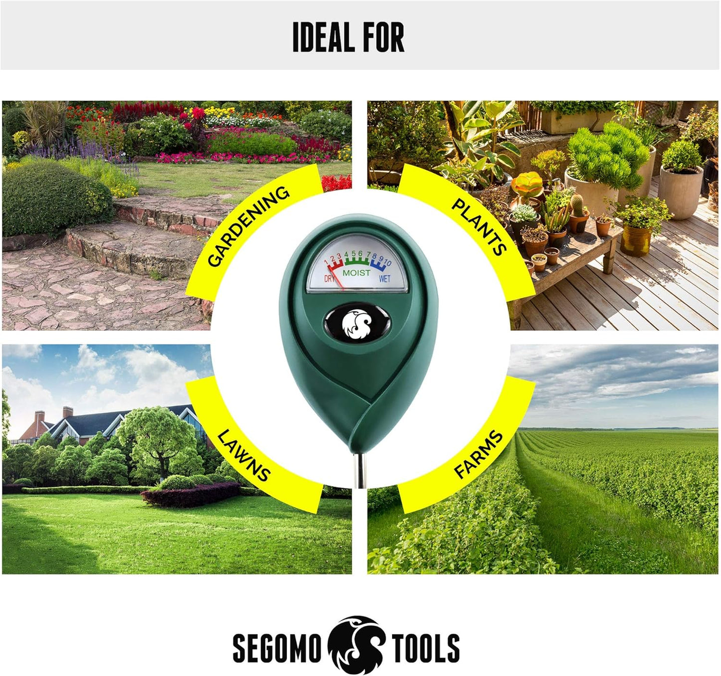 Segomo Tools Soil Moisture Meter - Accurate Plant Water Sensor for Gardens, Lawns & Farms | SMR01